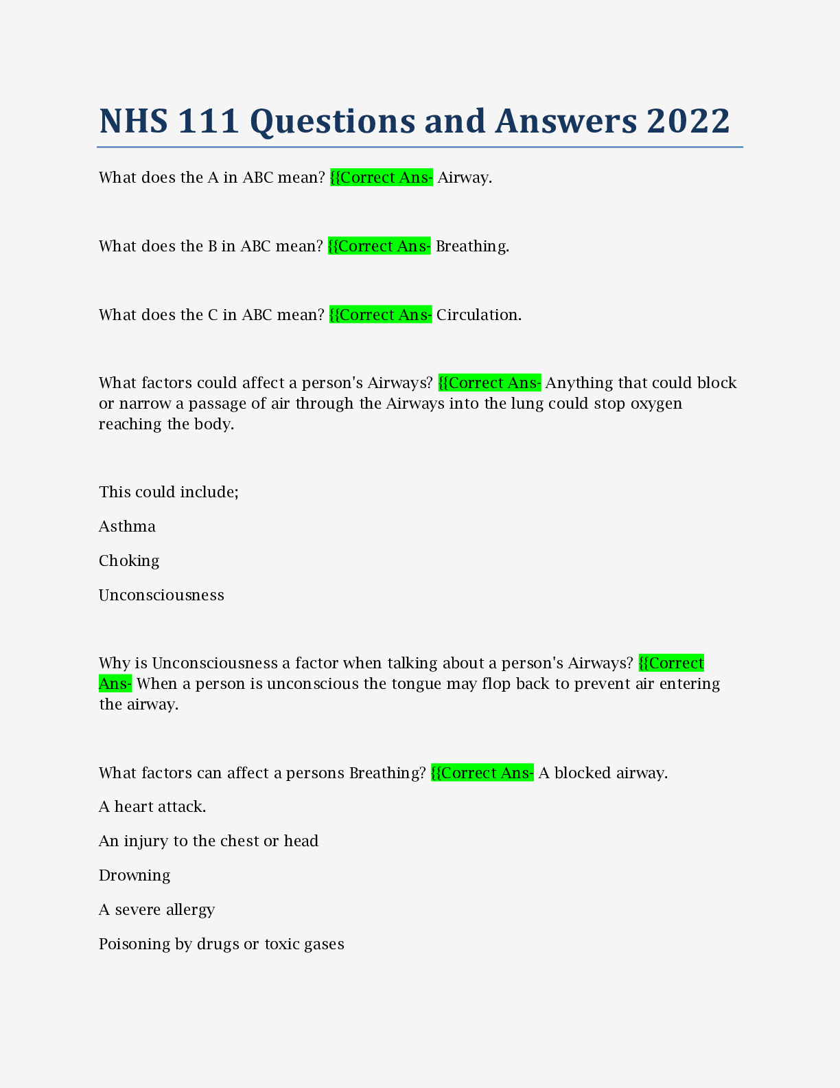 Preview of NHS 111 Questions and Answers 2022